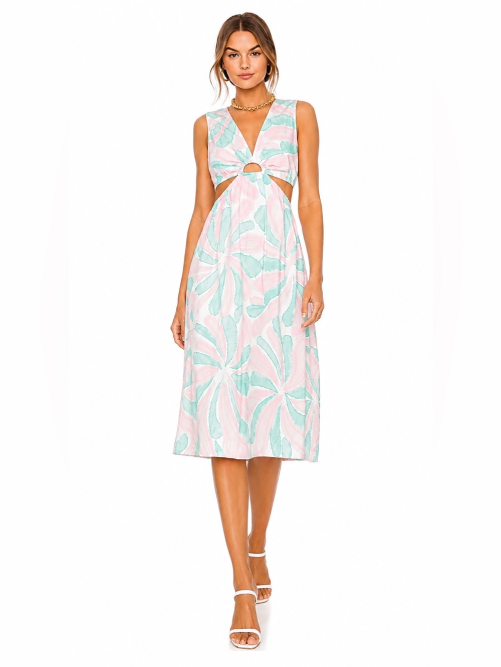 Rails Palm Print Cutout Midi Dress Pink Green Sleeveless Linen Blend Size L